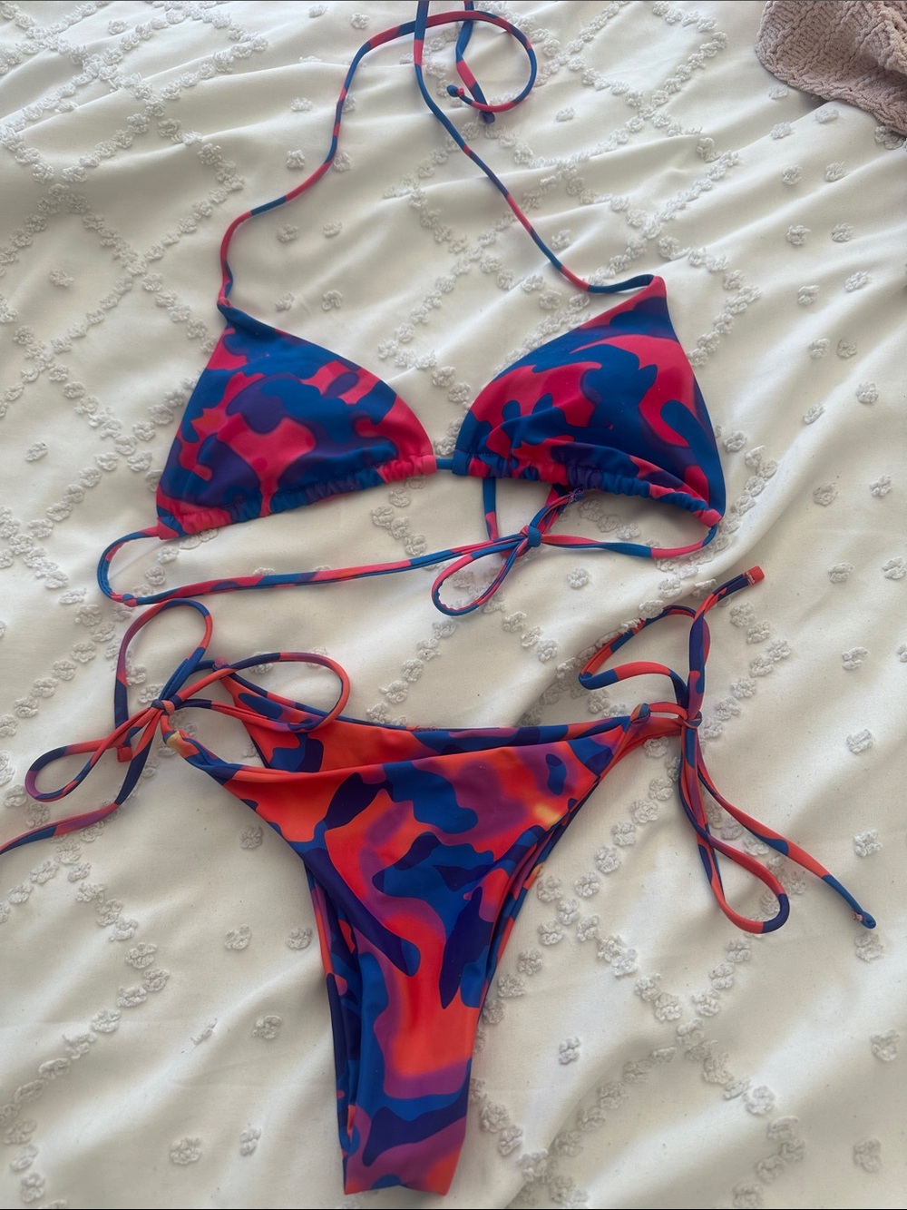 SHEIN Red and Blue Camo Tie-Side Triangle Bikini